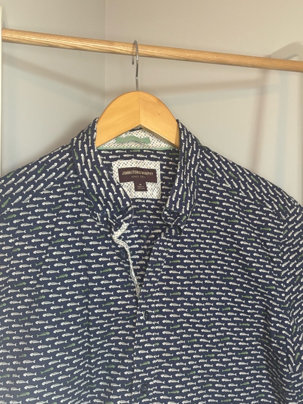Johnston & Murphy Navy Short-Sleeve Button-Down, Fish Bone Print - Picture 8 of 16